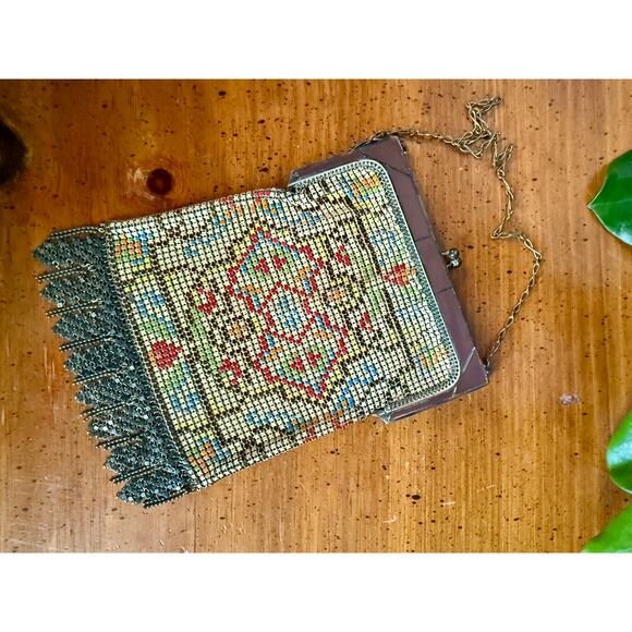 Whiting & Davis Handbags - Vintage Whiting & Davis Mesh Purse, Art Deco Enamel Mesh Bag, Mandalian Style